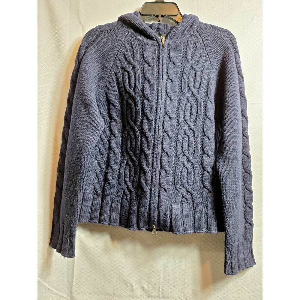 PANDEMONIUM Hooded Lambswool Blend Fisherman Cable Knit Cardigan Sz L Blue Heavy